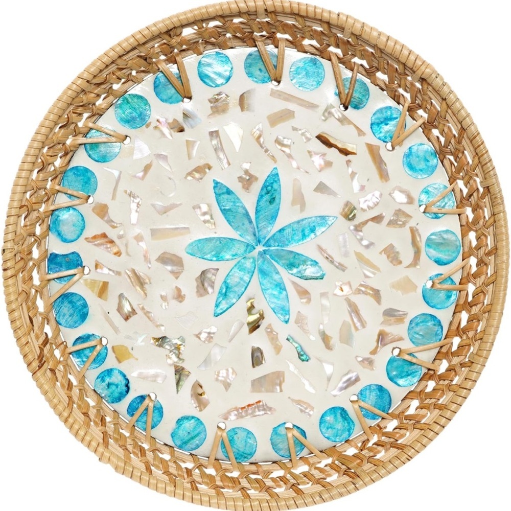 Boho Rattan coastal Mother of Pearl serving tray